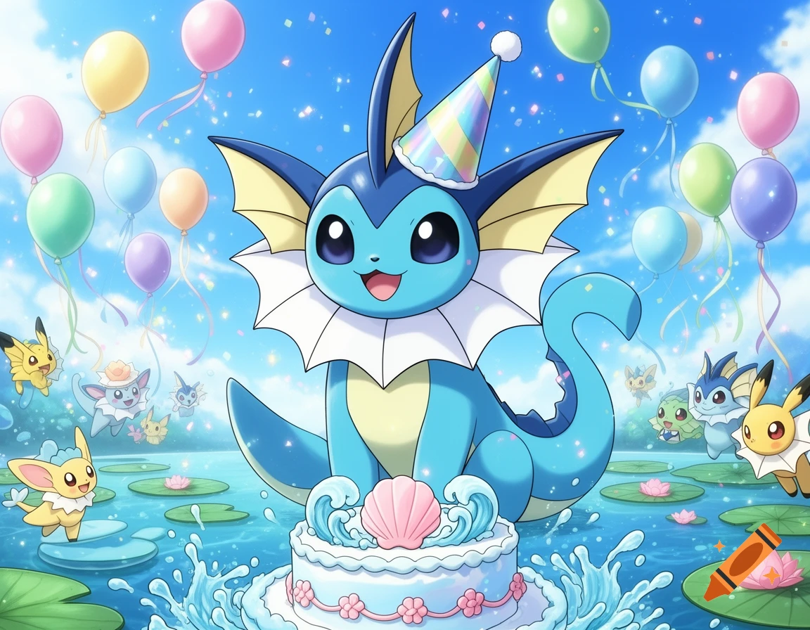 Vaporeon in a party hat sits behind a birthday cake in a lake with other Pokémon and colorful balloons in a bright blue sky.