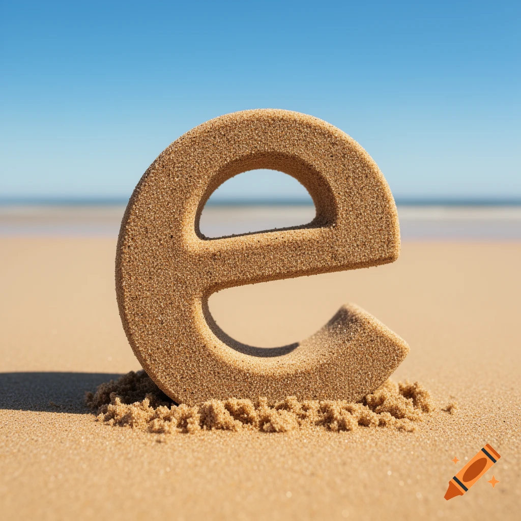 A photorealistic image of a sand sculpture forming the lowercase letter 'e' on a sunny beach.