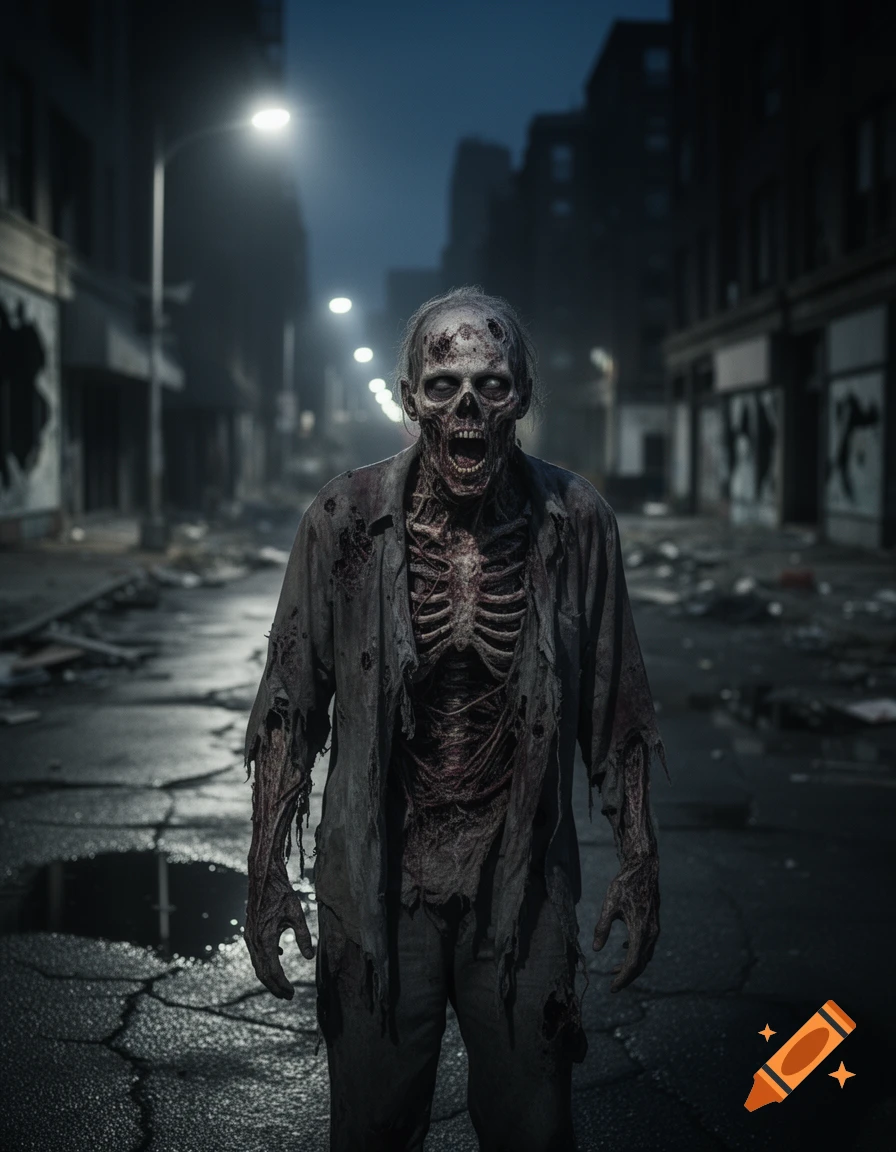 A terrifying zombie with decaying flesh and exposed ribs stands in the middle of a dark, derelict city street at night.