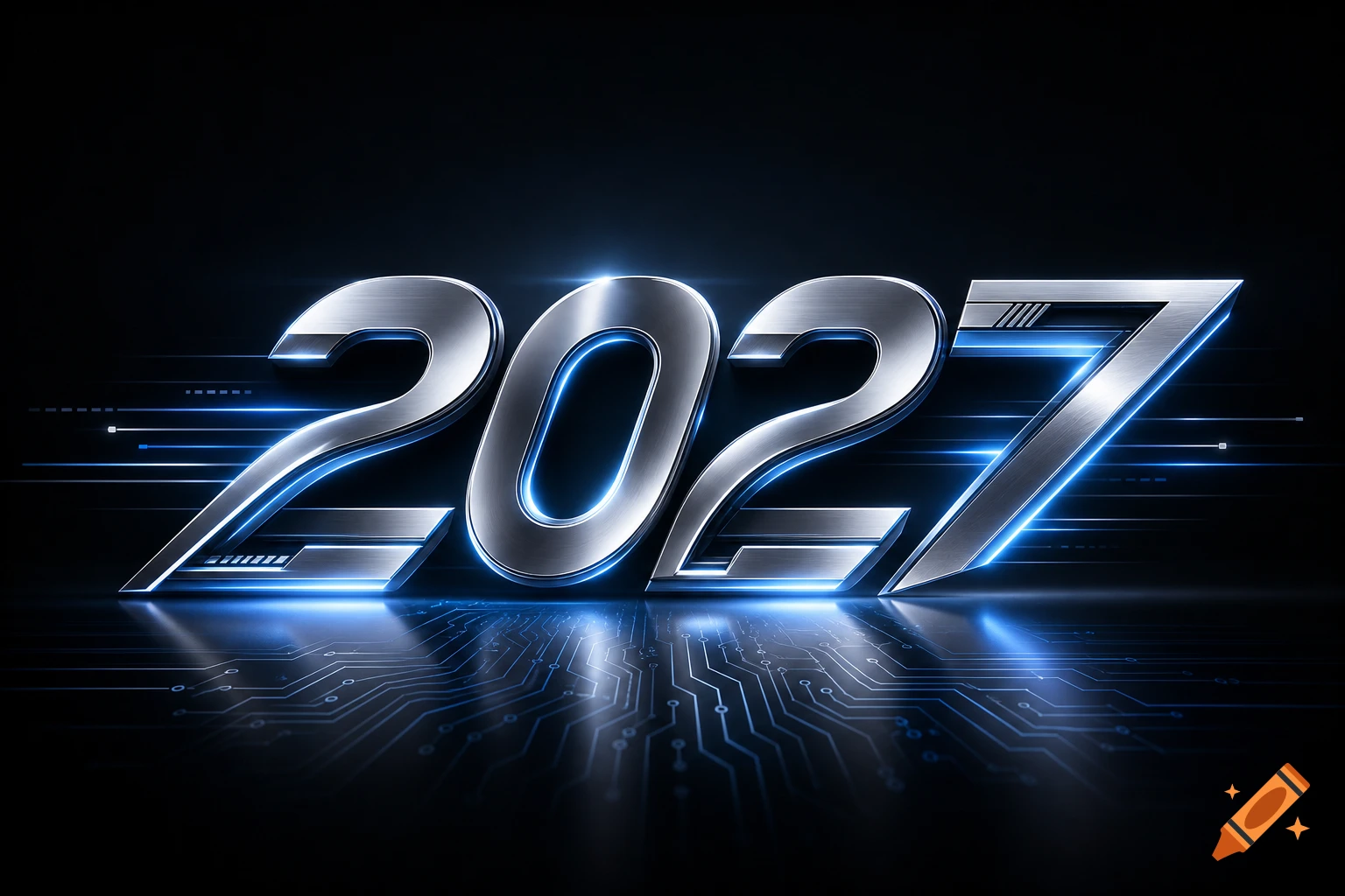 Futuristic metallic 2027 logo with glowing blue light and circuit board reflections on a dark background.