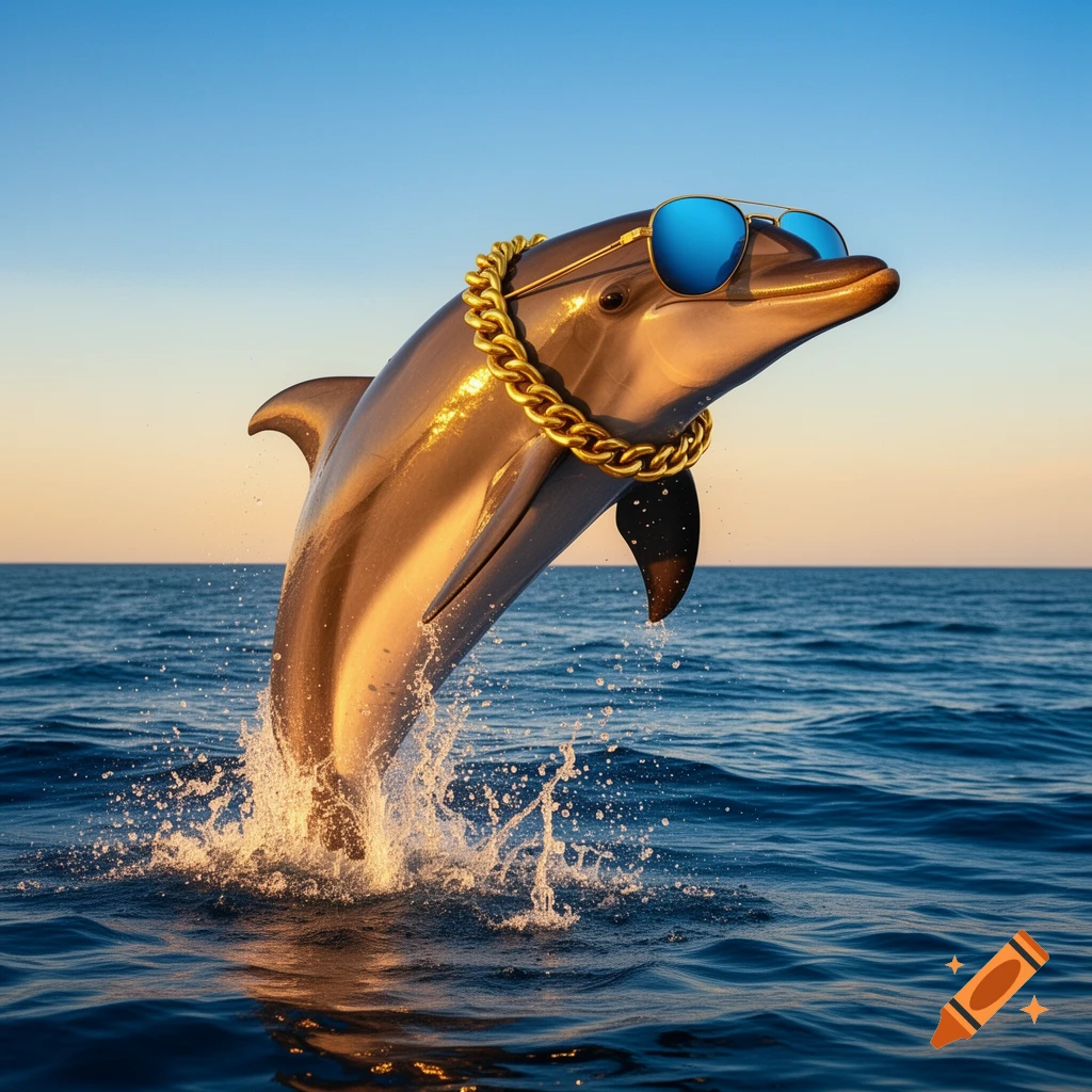 Photorealistic image of a dolphin wearing blue sunglasses and a gold chain, jumping from the ocean at sunset.