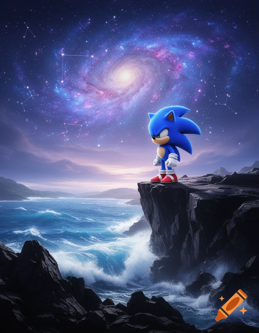 Sonic the Hedgehog stands on a dark cliff overlooking a stormy ocean under a vibrant purple galaxy and starry night sky.