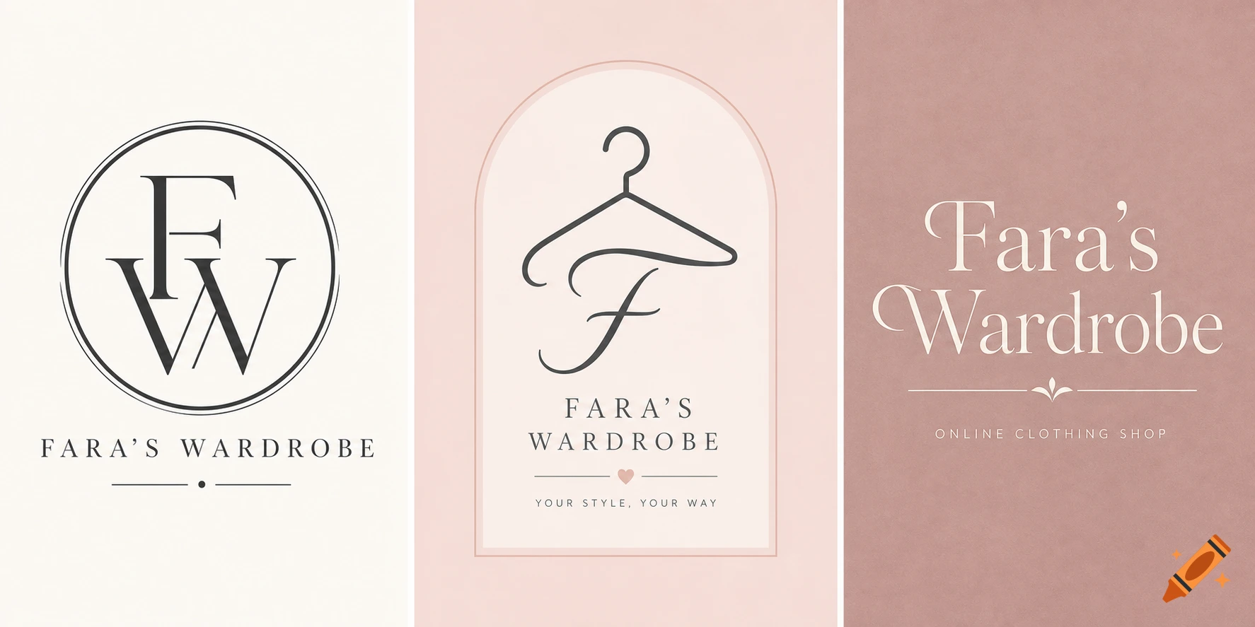 Three minimalist logos for 'Fara's Wardrobe': a circular 'FW' monogram, a hanger with an 'F' on a pink arch, and elegant text on a dusty rose background.