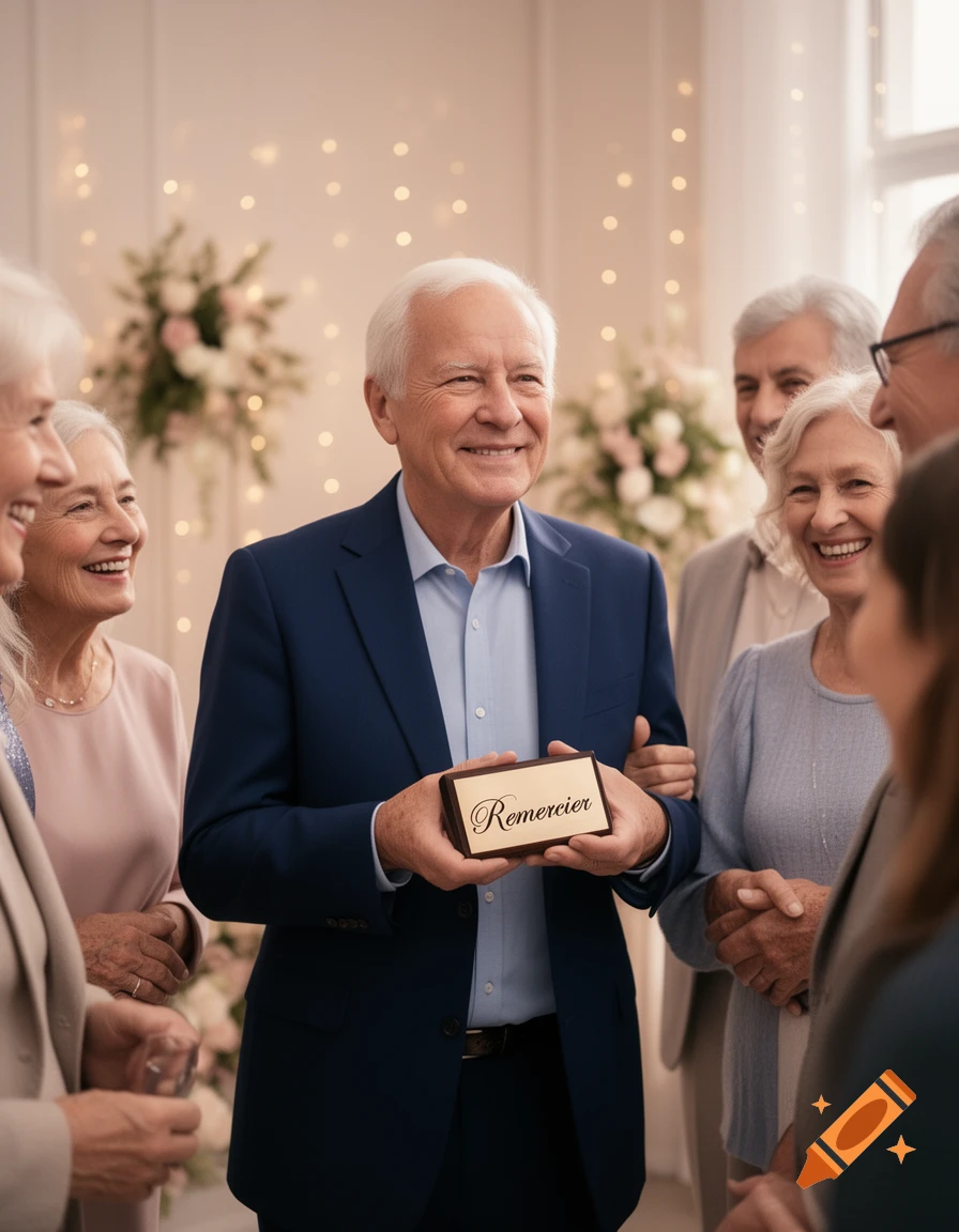 A group of smiling elderly people at a party, with a man in a blue suit holding a box labeled "Remercier".