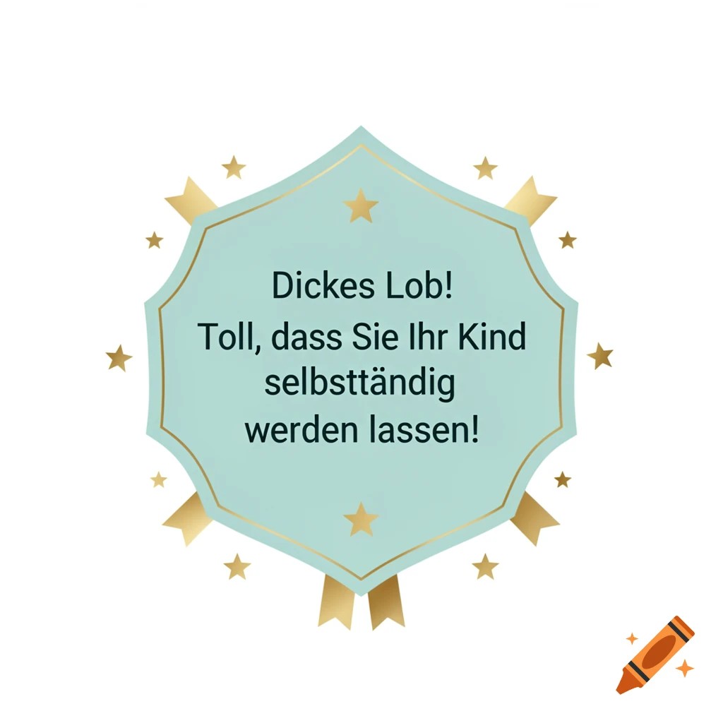 A light teal, gold-edged medal with a ribbon and golden stars, displaying the German text "Dickes Lob! Toll, dass Sie Ihr Kind selbstständig werden lassen!" on a white background.