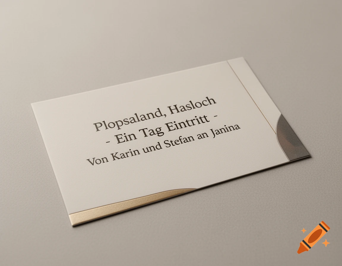 A minimalist, photorealistic gift voucher for Plopsaland in Hasloch, for one day entry, from Karin and Stefan to Janina.