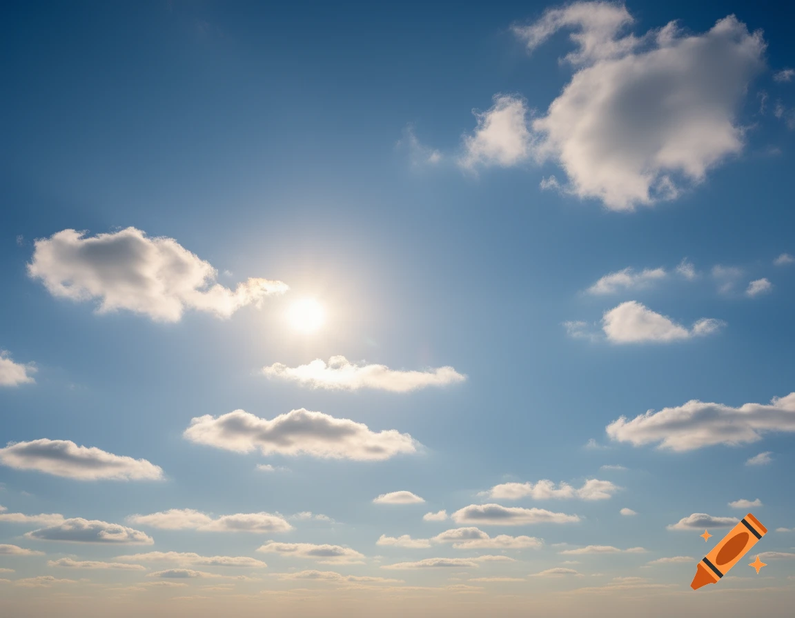 Bright sun shining through scattered white clouds in a clear blue sky.