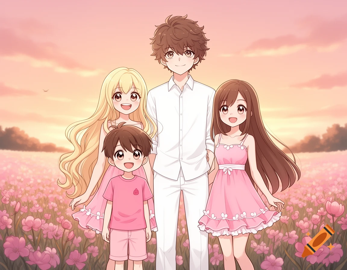 Four smiling anime characters, two boys and two girls, stand in a field of pink flowers under a pink and orange sky.