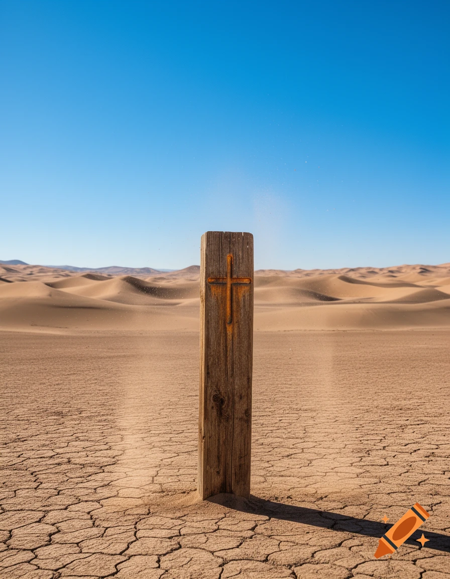 Wooden post with an orange cross in a cracked desert landscape under a clear blue sky.