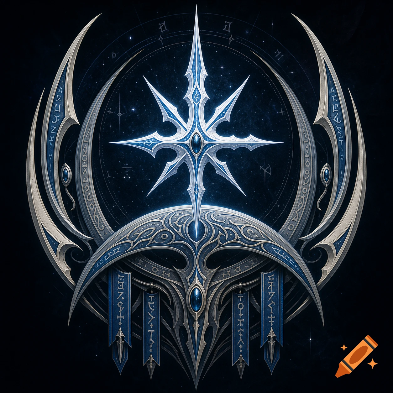 A stylized sci-fi emblem with a radiant multi-pointed star above a crescent horizon, featuring intricate blue and silver ornate designs with rune-like patterns, against a dark starry background.