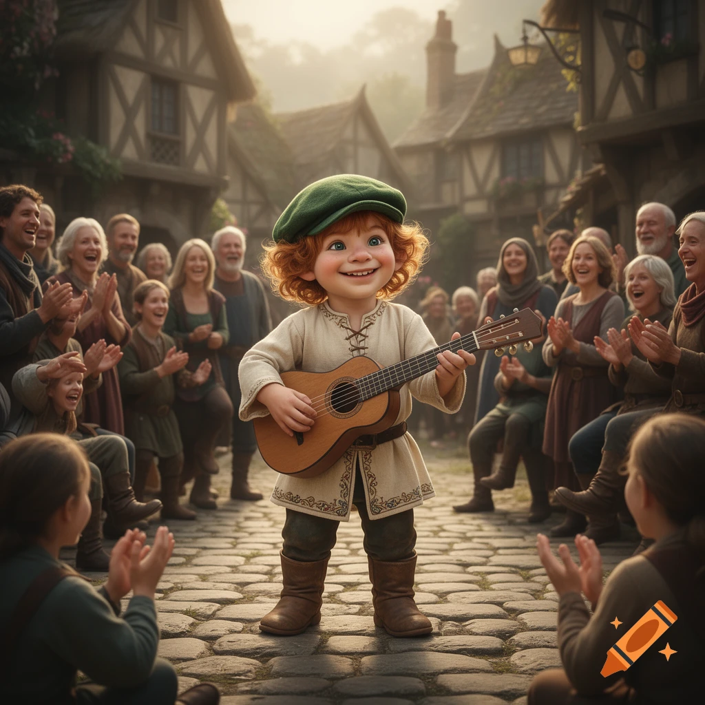 A smiling, red-haired child in a green cap plays a guitar on a cobbled street, surrounded by a clapping audience in a quaint village.