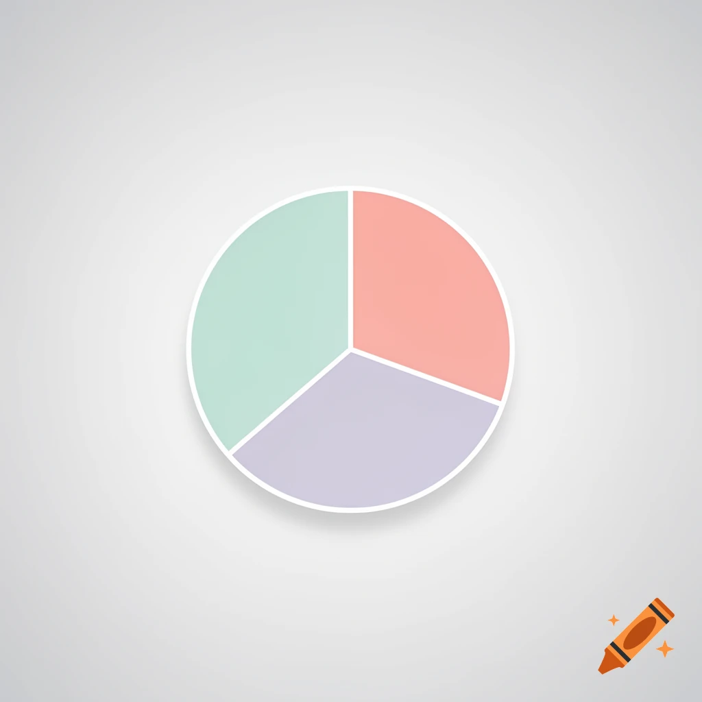 A simple 2D pie chart divided into three equal sections of pastel green, peach, and lavender on a light grey background.