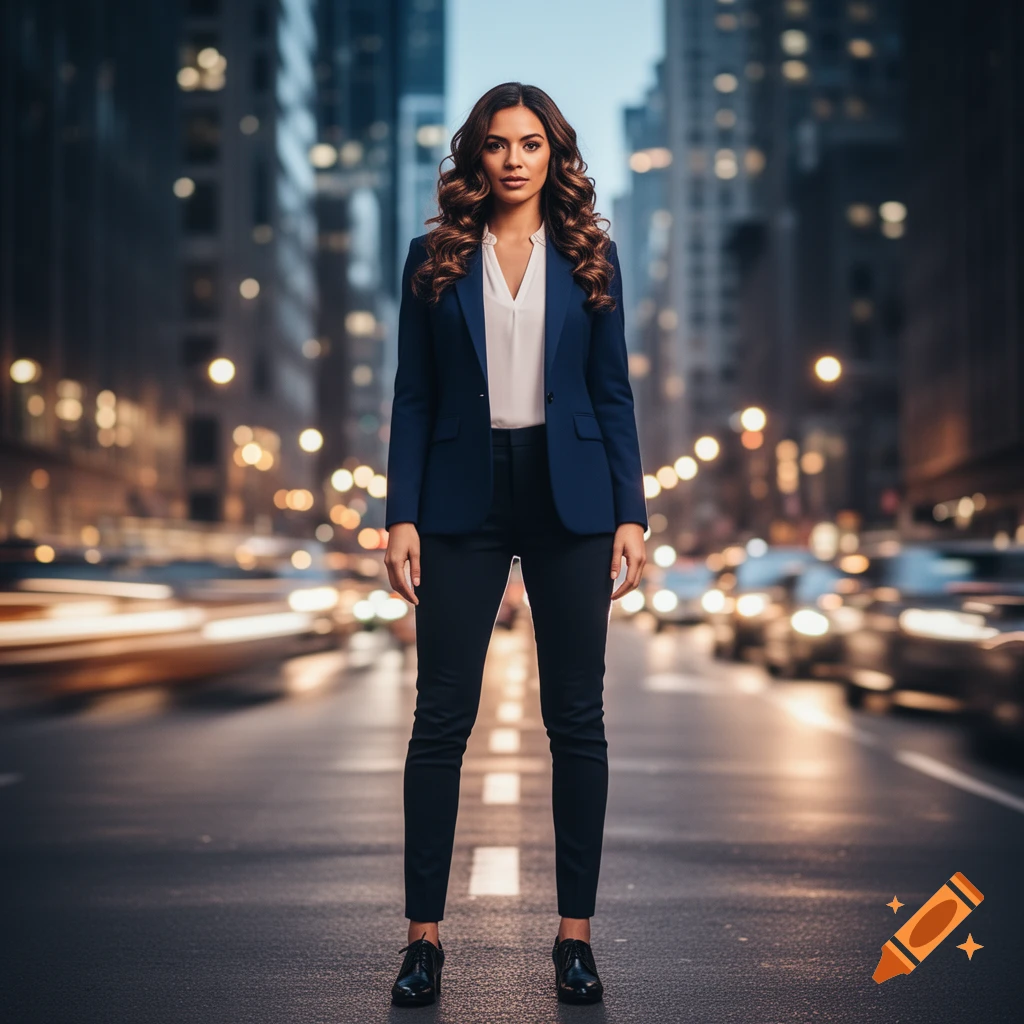 A confident woman in a dark blue suit and white shirt stands in the middle of a city street at night, with blurred lights in the background.