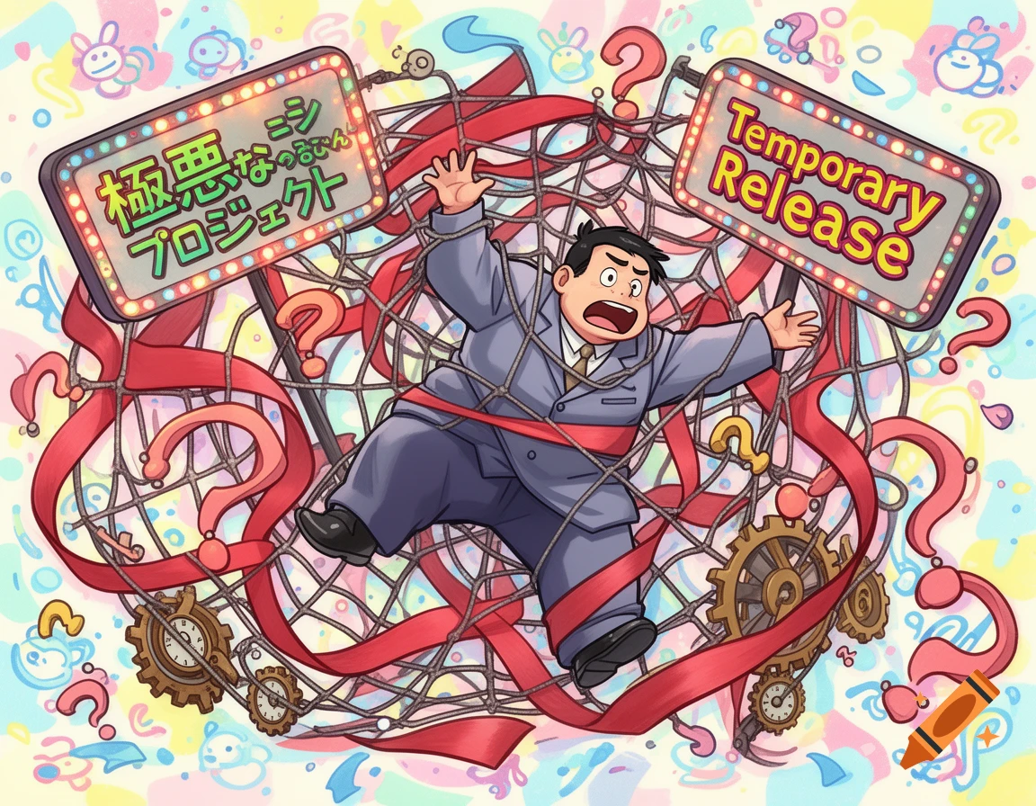 A cartoon man in a grey suit is comically tangled in a red ribbon net, surrounded by question marks and two illuminated signs reading "極悪なシステムプロジェクト" and "Temporary Release" against a pastel abstract background.