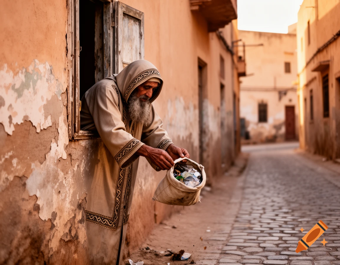 An old bearded man in a hooded robe leans from a window, emptying trash onto a cobblestone street in a historic town.