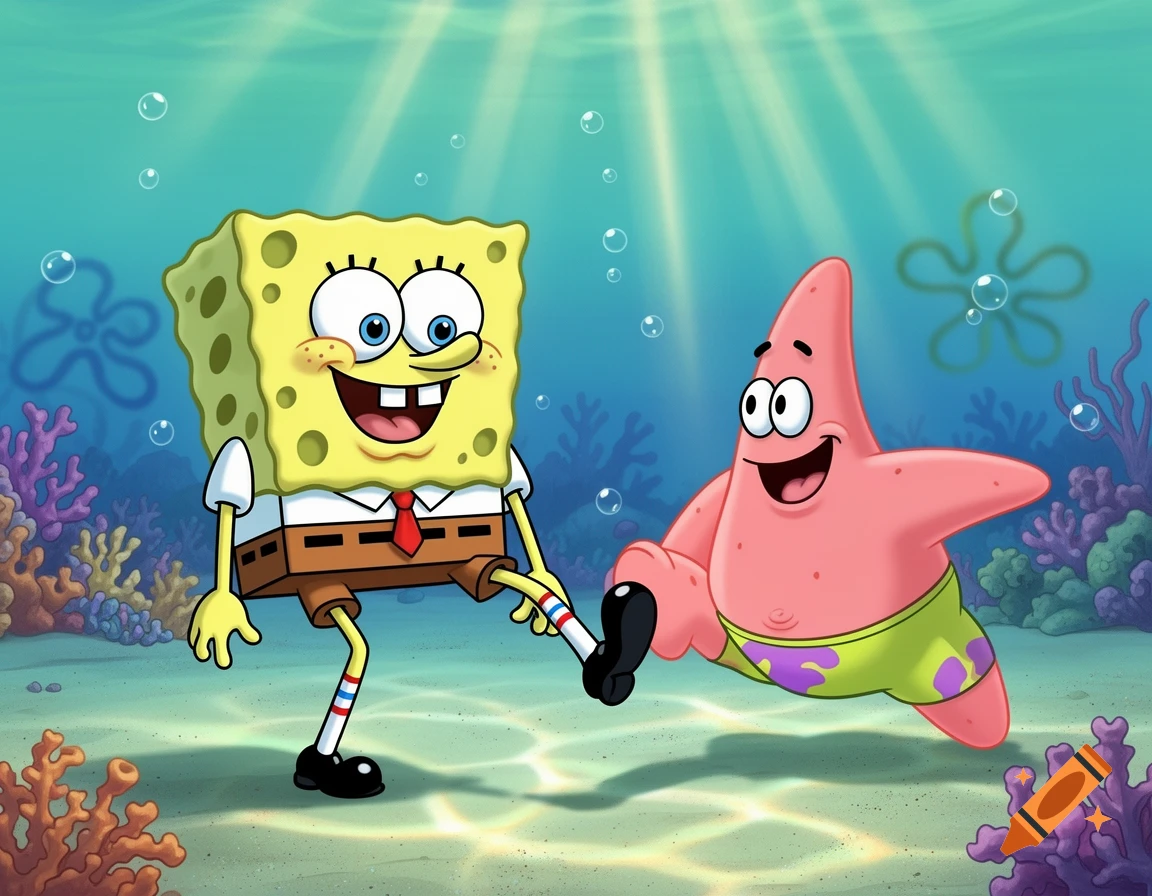 SpongeBob SquarePants and Patrick Star running underwater in a cartoon style.