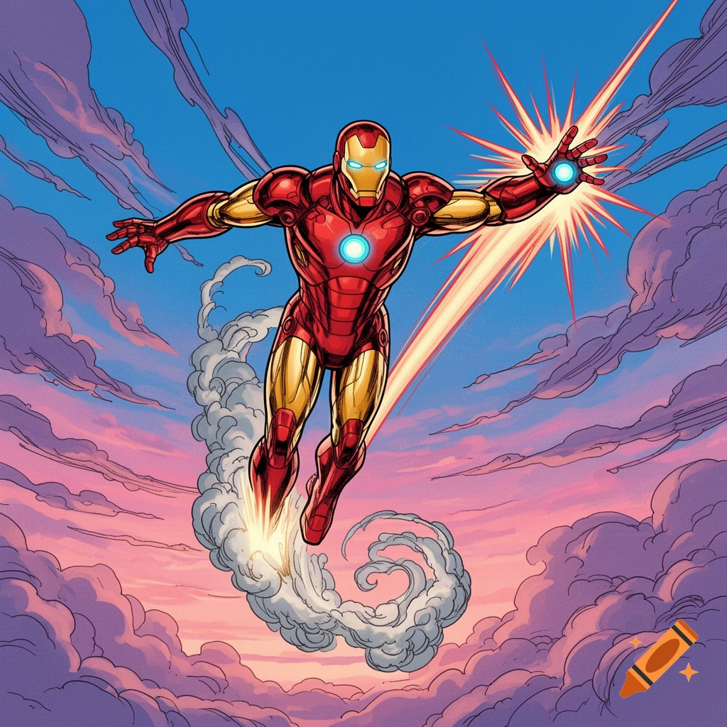 Iron Man in his red and gold suit flying through a vibrant blue and pink sky with clouds, repulsors firing.