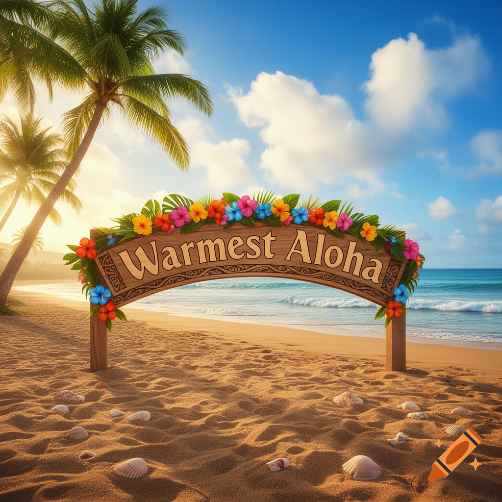 A wooden sign decorated with colorful flowers reading "Warmest Aloha" stands on a sandy beach with palm trees and ocean waves under a sunny sky.