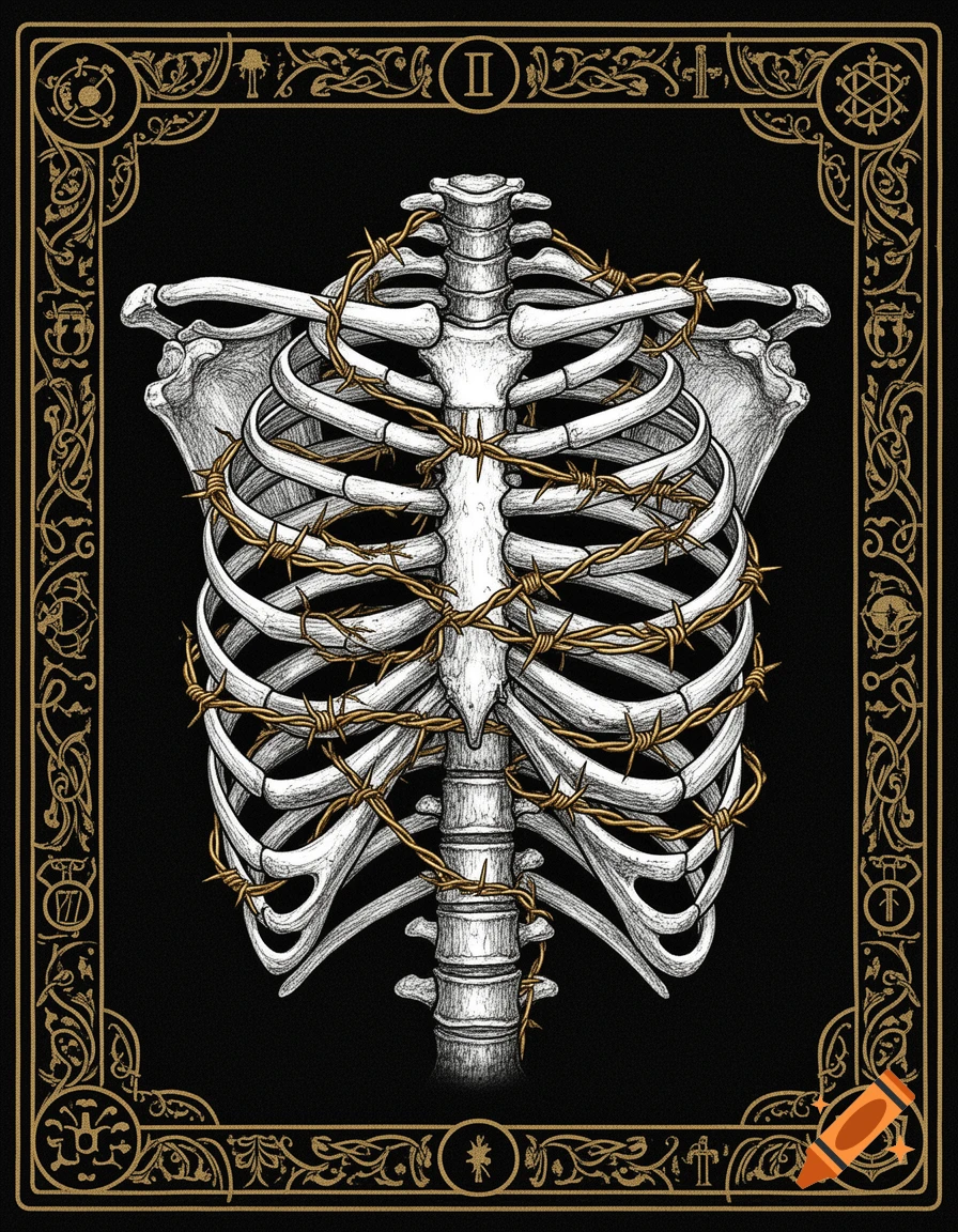 A stylized tarot card illustration of a human ribcage wrapped in golden barbed wire, set against a black background with an ornate gold border featuring a Roman numeral II at the top.