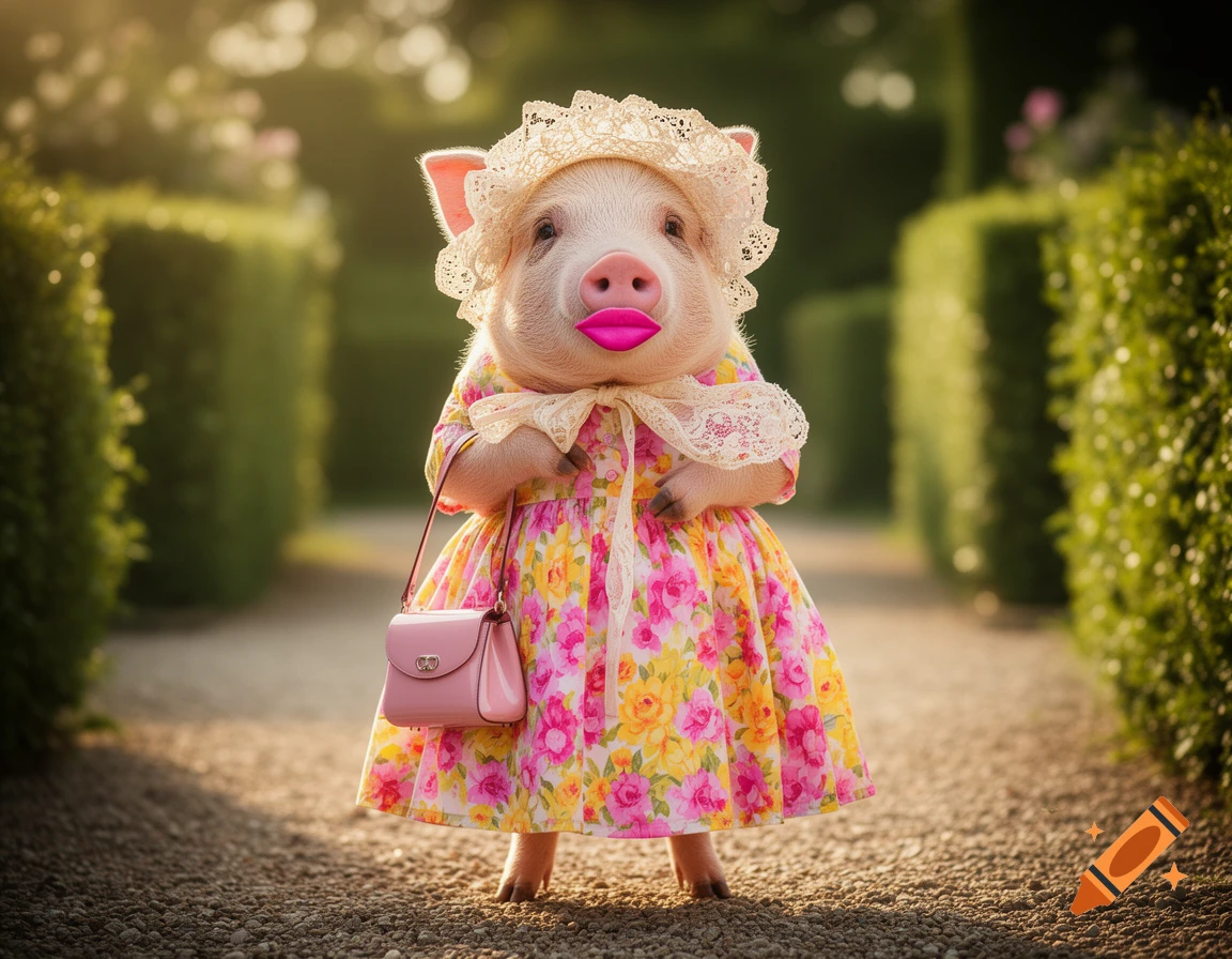 A pig on its hind legs wearing a floral summer dress, a lace bonnet, bright pink lipstick, and carrying a small pink purse on a garden path.
