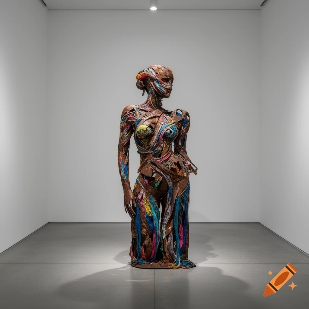 A large, abstract sculpture of a female figure made from colorful fabric and rusted metal strips, standing in a white gallery.