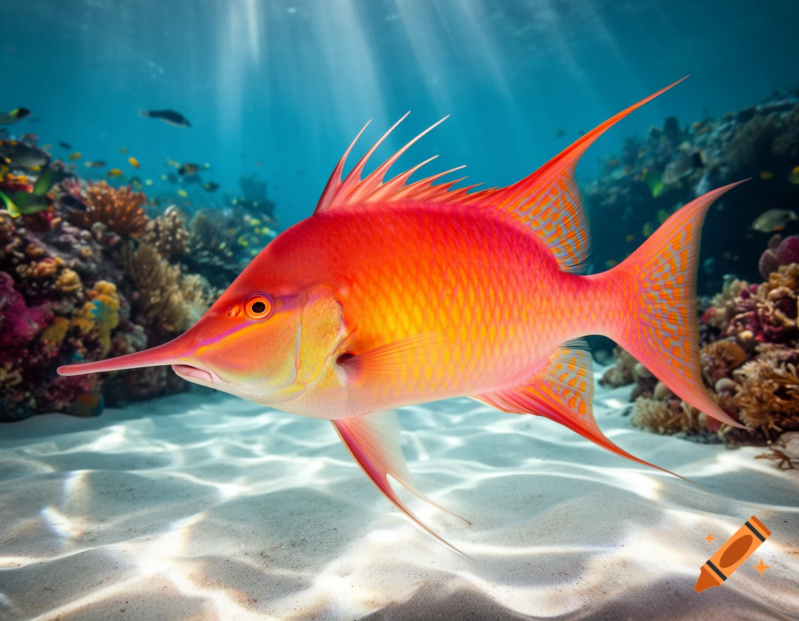A vibrant red and orange long-snouted fish swims in a sunlit coral reef underwater.