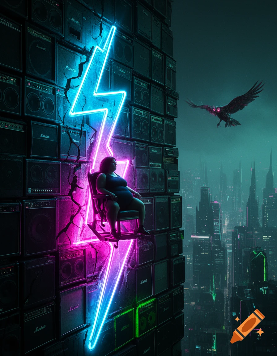 A woman sits on a chair within a giant neon lightning bolt, part of an amplifier wall overlooking a cyberpunk city with a flying raven.