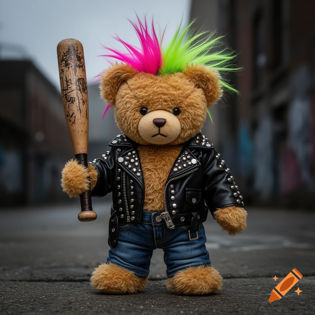 A brown teddy bear with a pink and green mohawk, wearing a black studded leather jacket and jeans, stands in an alley holding a wooden baseball bat.