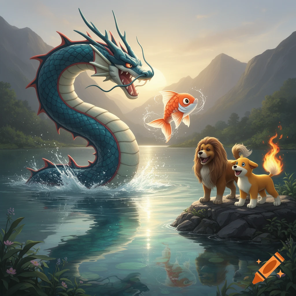 A majestic blue dragon emerges from a lake next to a floating goldfish, as two dog-like creatures stand on rocks by the water's edge at sunset.