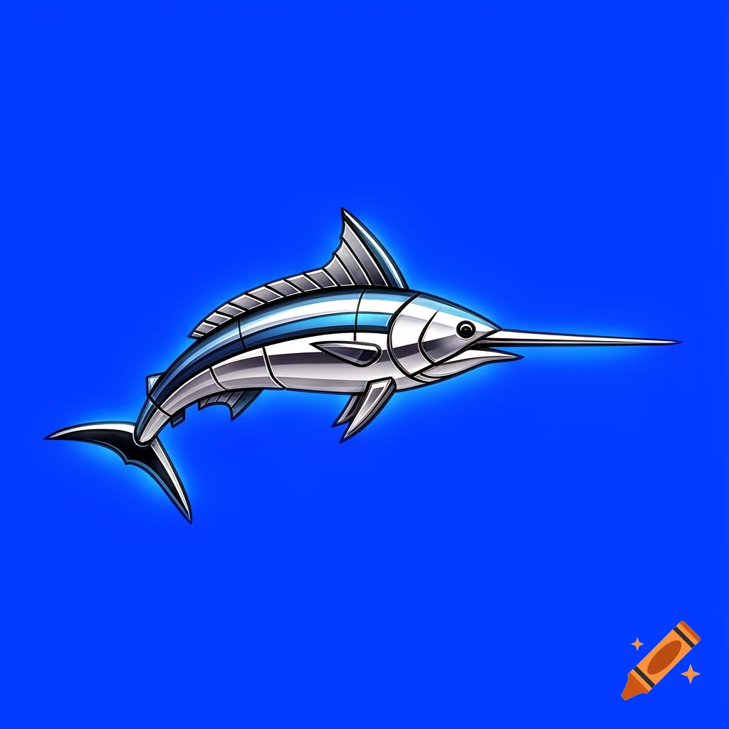 A sleek, minimalist mechanical swordfish icon with chrome and polished steel textures on a vibrant cyber-blue background.