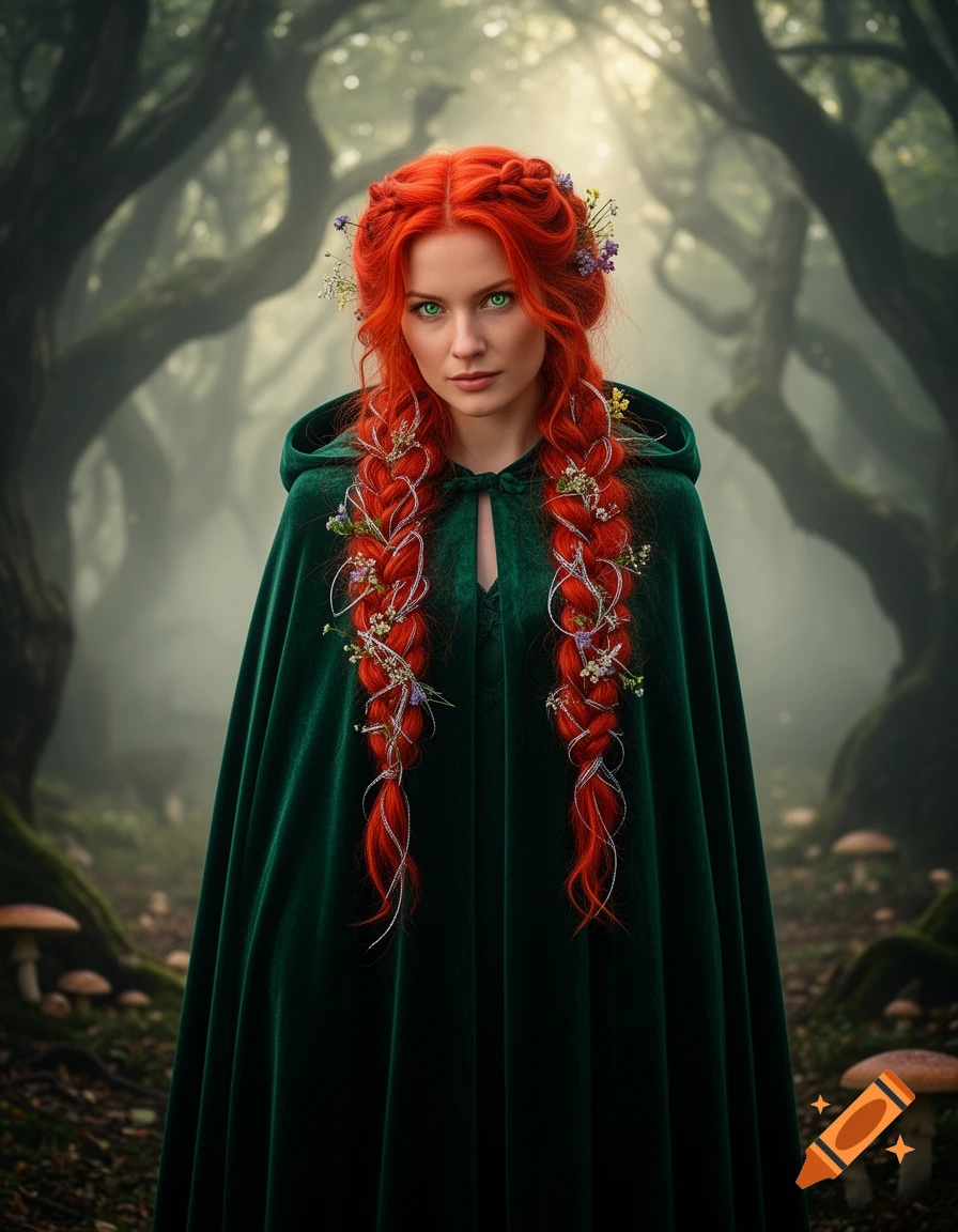 A woman with long red braided hair, adorned with small flowers, wearing a dark green hooded cloak, stands in a mystical, foggy forest with mushrooms.
