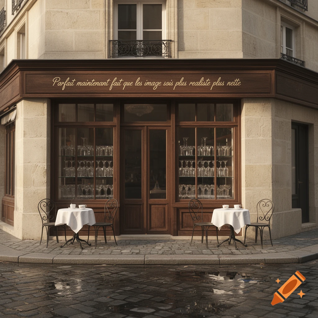 Photorealistic exterior of a European cafe with outdoor tables on a wet cobblestone street, ornate windows display glassware.