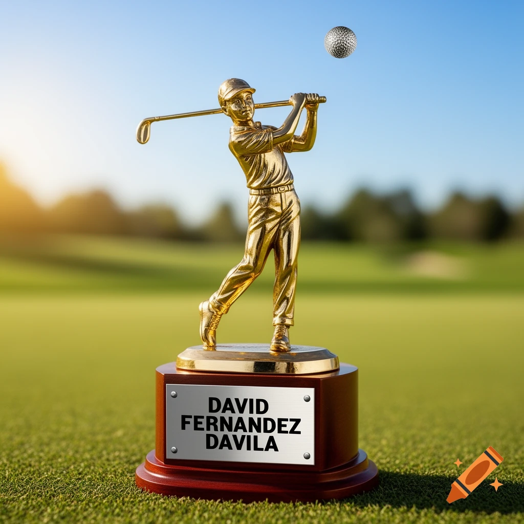 A golden golf trophy of a golfer mid-swing with a golf ball in the air, on a golf course. Nameplate: DAVID FERNANDEZ DAVILA.