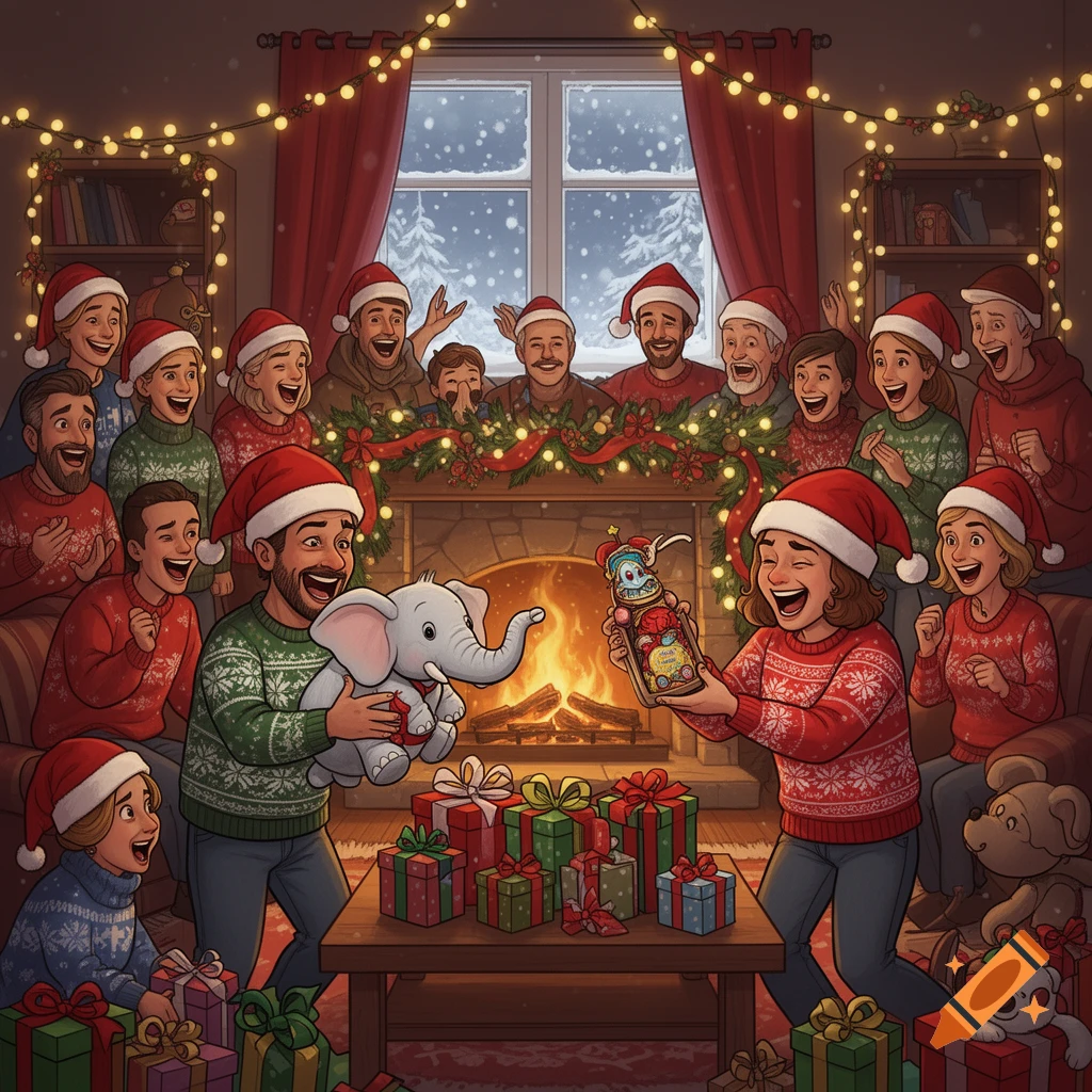 A large, joyful family in Christmas sweaters and Santa hats exchanges gifts by a fireplace in a festive winter scene.