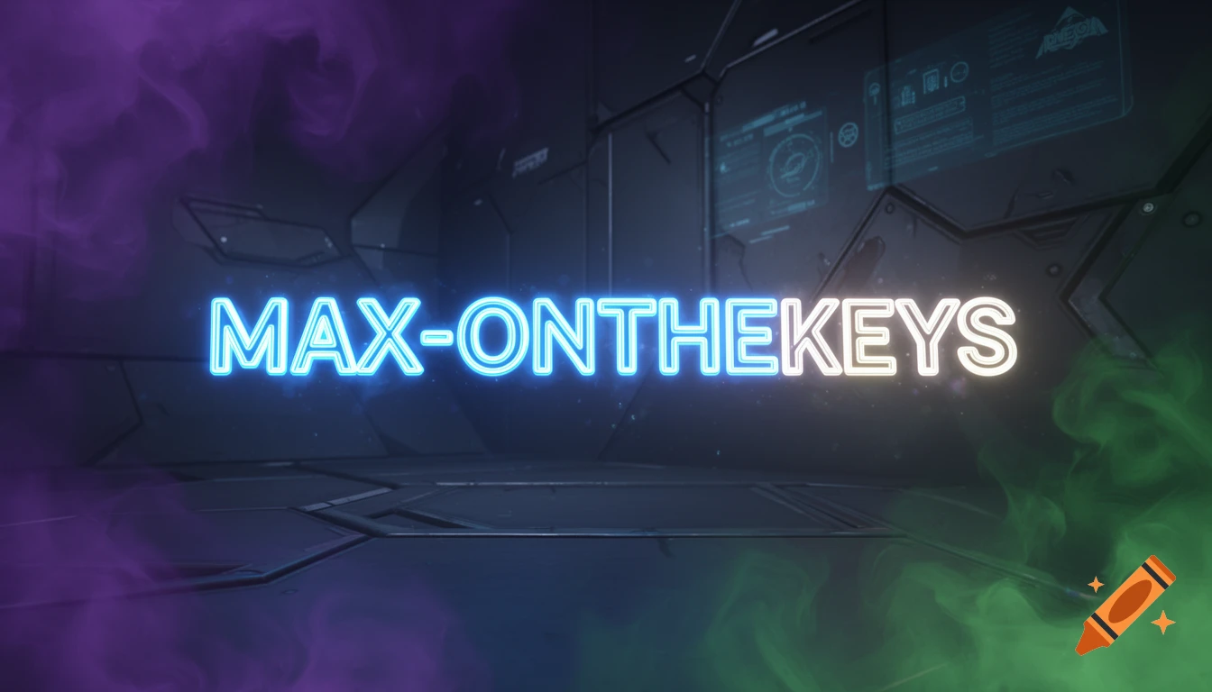 A futuristic room with blue and yellow neon text 'MAX-ONTHEKEYS' and purple and green smoke.