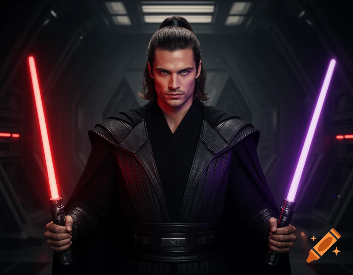 A man dressed as a Sith Lord with a ponytail, holding a red and purple lightsaber, stands in a dark sci-fi corridor.