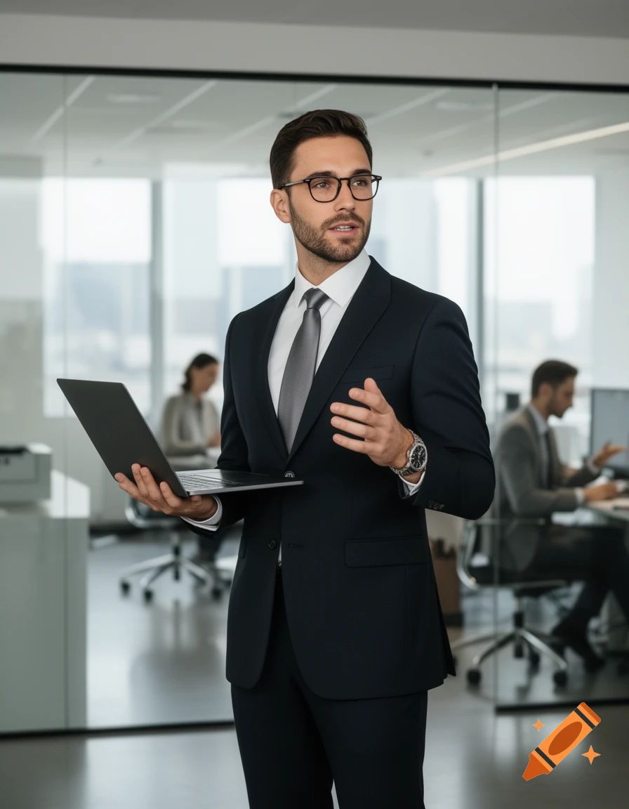 A photorealistic image of a man in a dark suit holding a laptop, gesturing while speaking in a modern office.