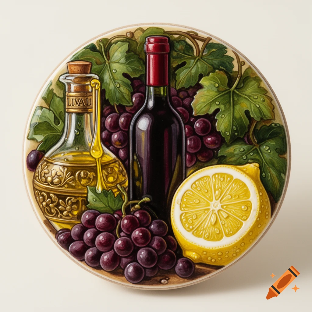 Circular painting of a still life with a red wine bottle, purple grapes, an ornate olive oil bottle, and a sliced lemon.