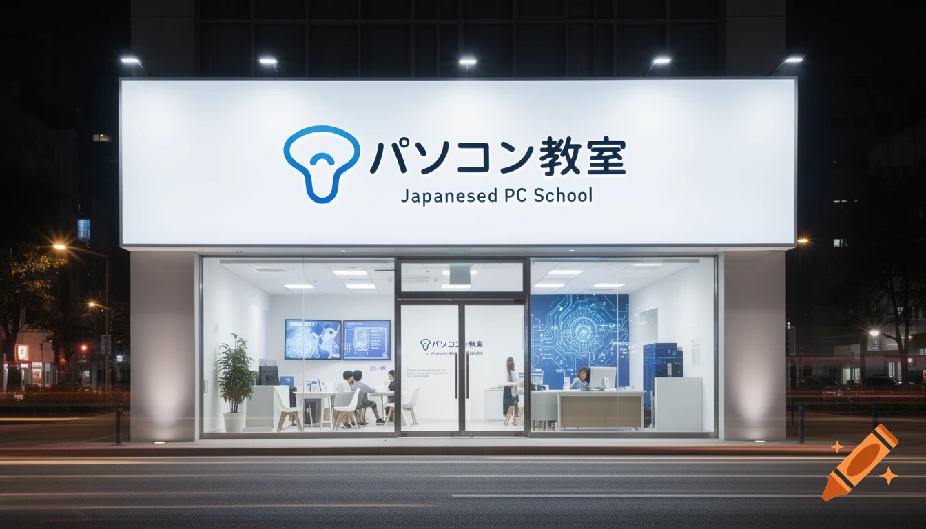 A modern storefront for a Japanese PC School at night, with a brightly lit sign displaying its logo and name, "パソコン教室 Japanesed PC School".