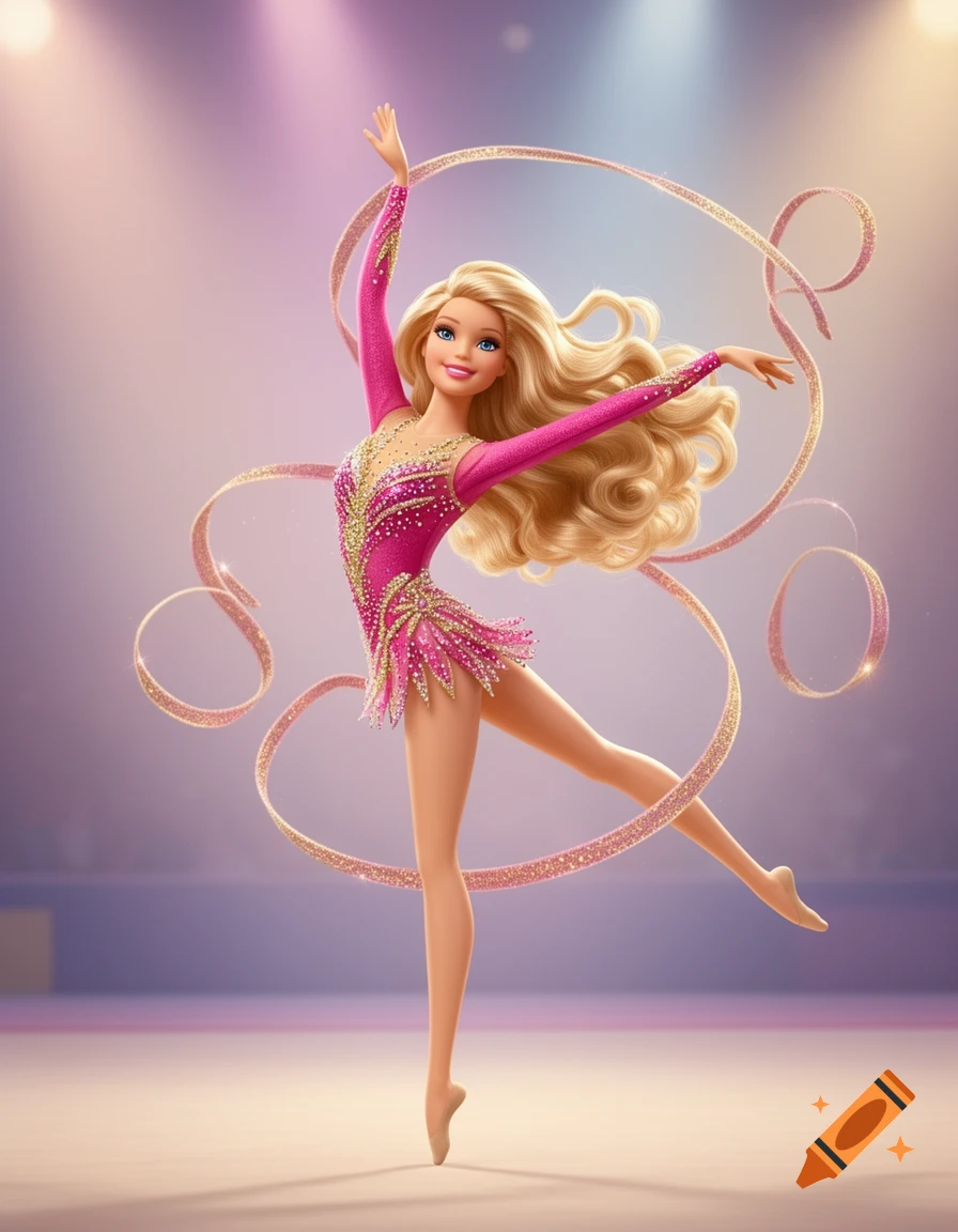 A Barbie doll in a sparkly pink leotard performs rhythmic gymnastics with a shimmering ribbon.