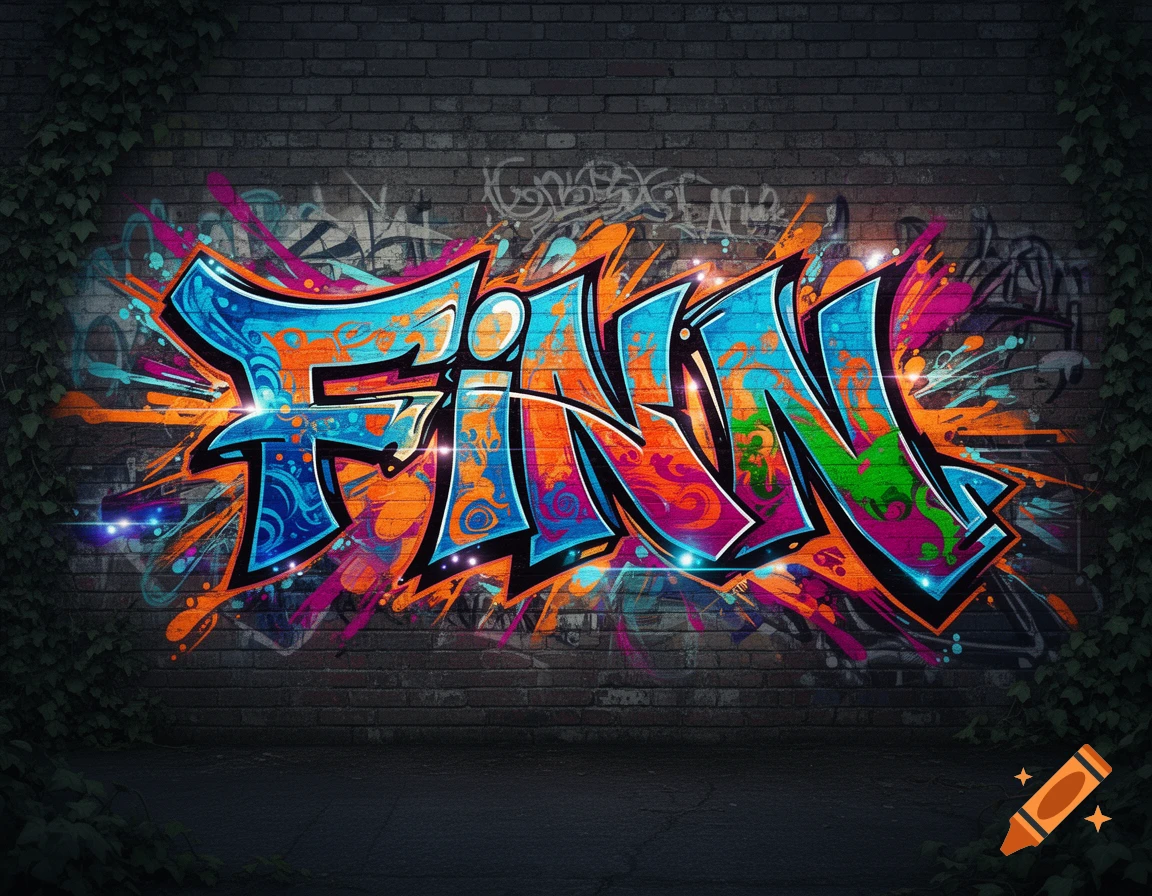 Vibrant, complex graffiti art spelling 'FINN' in blue, orange, pink, and green on a dark brick wall with ivy.