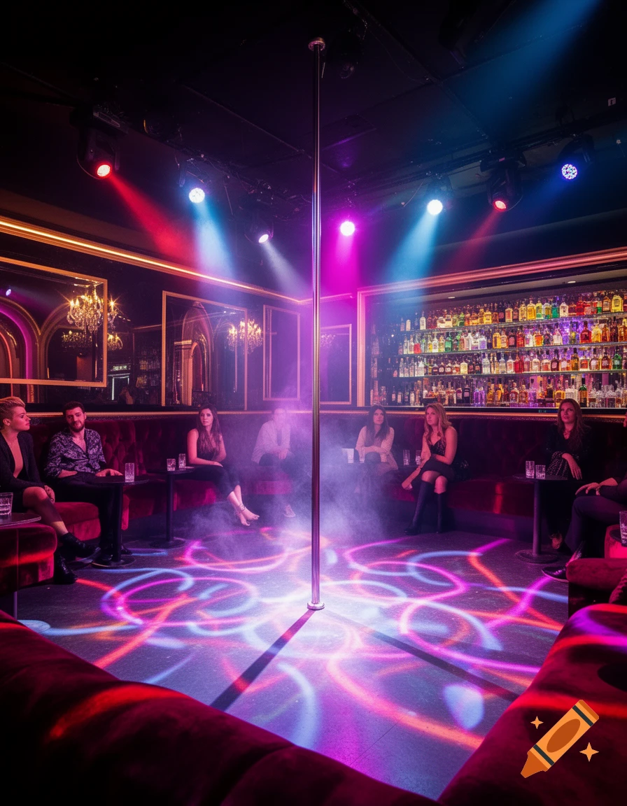 A dimly lit club with a central pole, stage lights, and people seated around velvet booths with a fully stocked bar in the background.