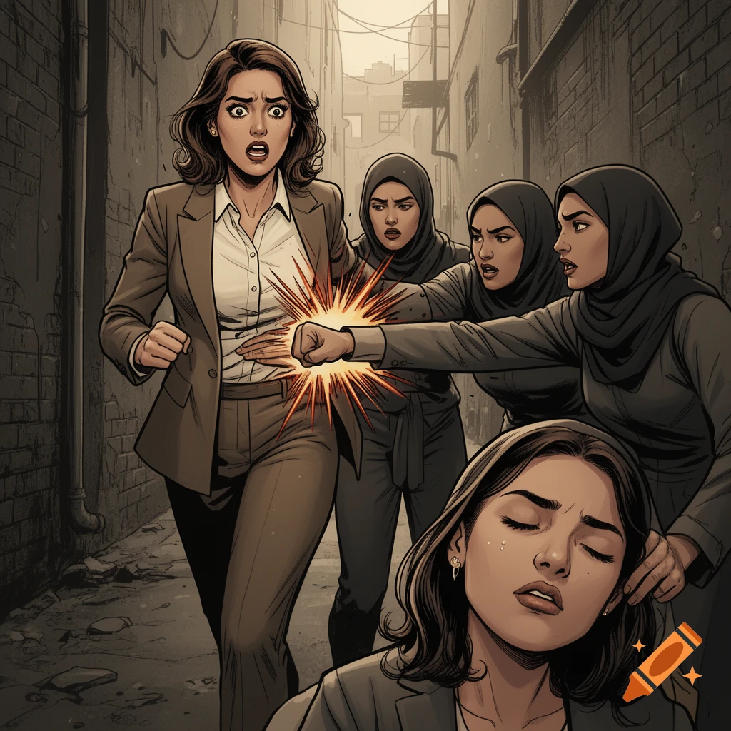 Comic art illustration: A businesswoman is punched in the stomach by women in hijabs in an alley, another victim lies unconscious.