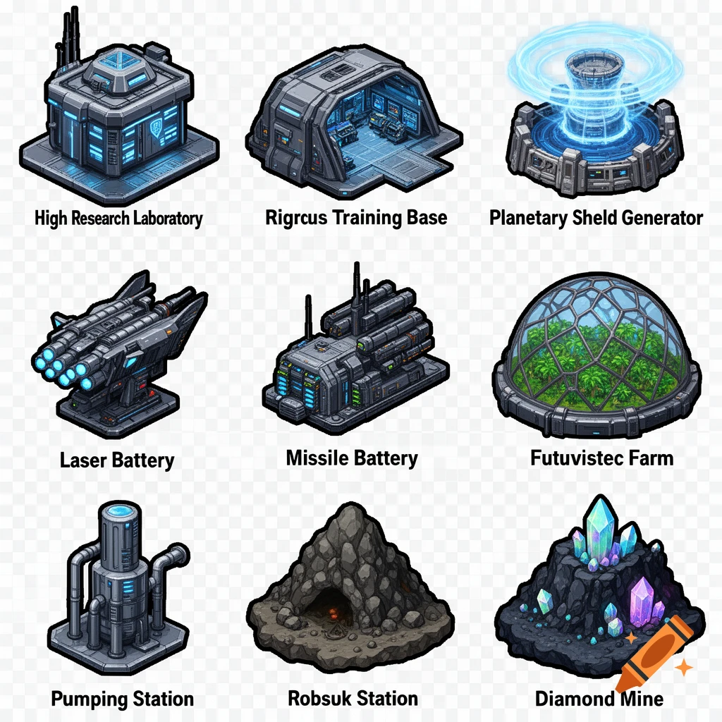 Isometric sci-fi building sprites: Research lab, training base, shield generator, laser battery, missile battery, farm, pumping station, cave mine, and diamond mine, all on transparent backgrounds.