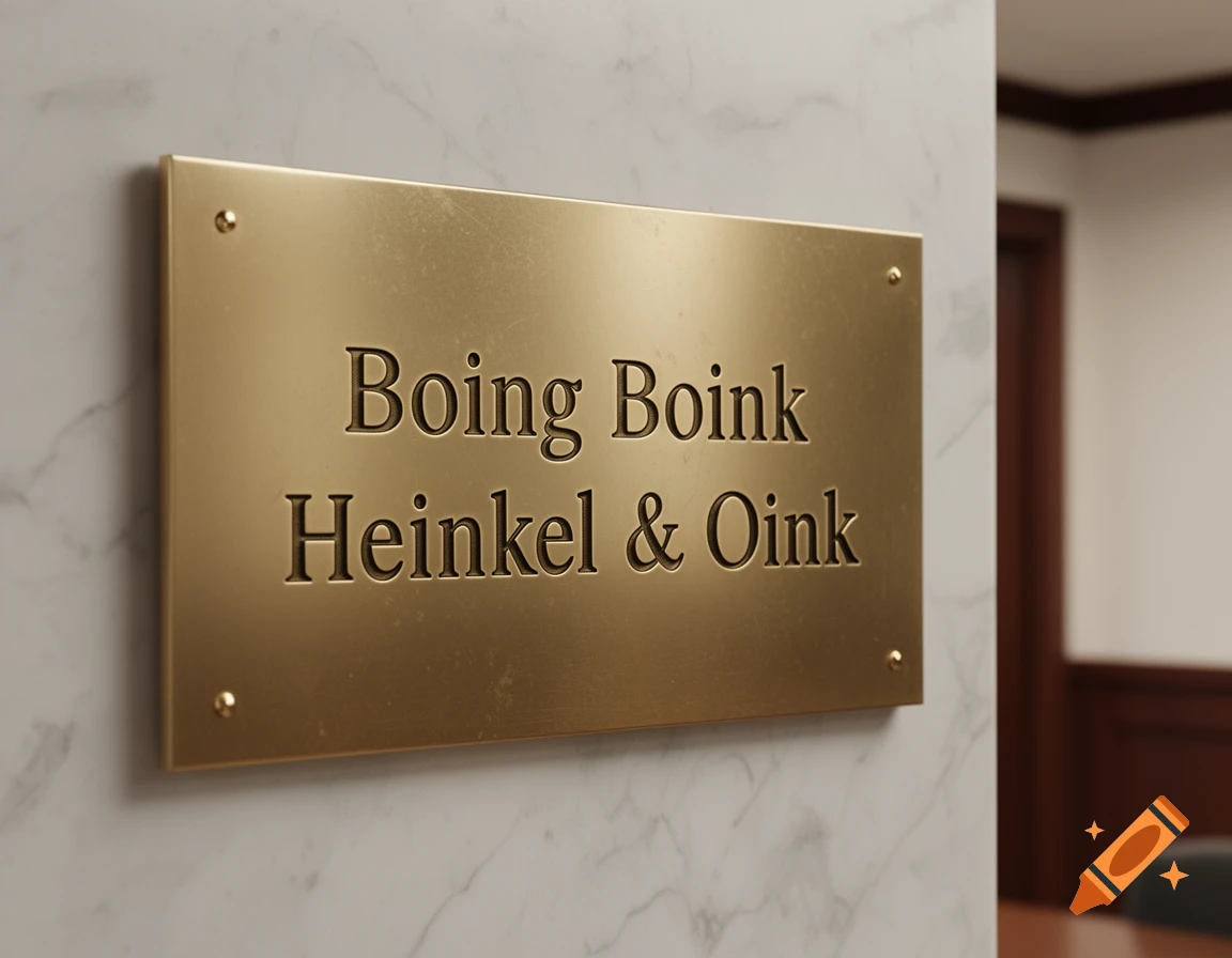 A photorealistic brass plaque engraved with 'Boing Boink Heinkel & Oink' on a white marble wall, in an office setting.