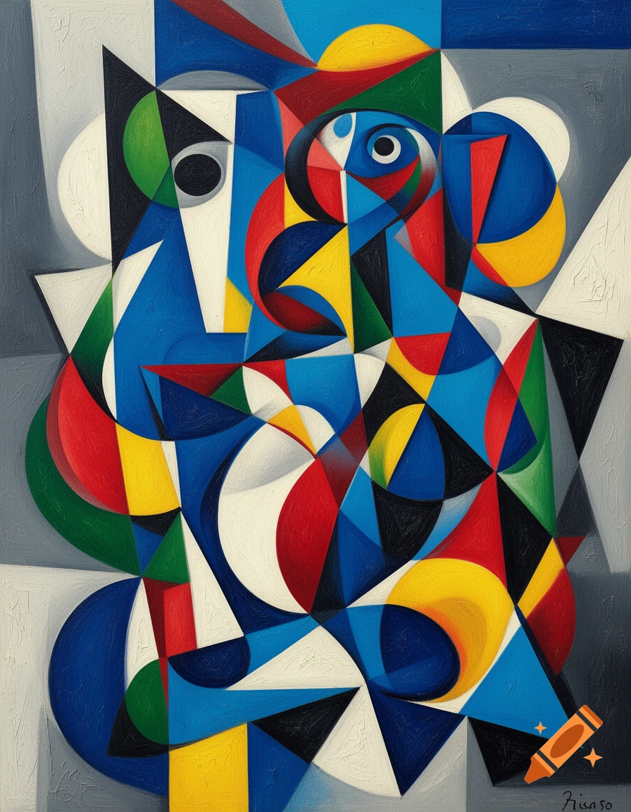 Abstract painting in Cubist style, featuring colorful geometric shapes and curves in red, blue, yellow, green, white, and black.