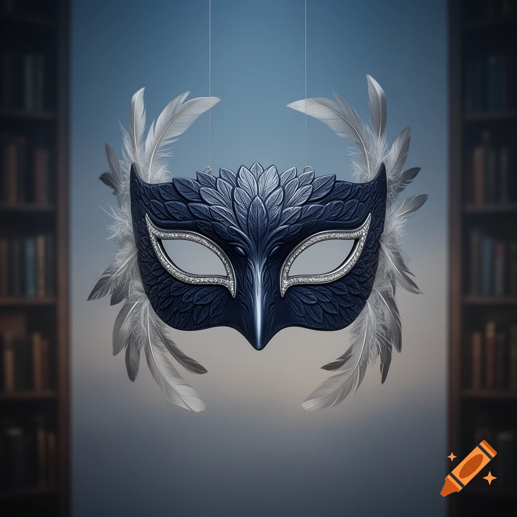 A dark blue masquerade mask with ornate feather-like designs, silver trim, and real feathers, against a blurred background of bookshelves.