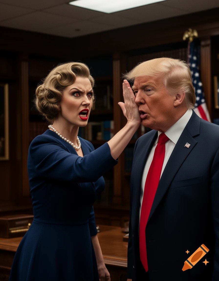 A woman with red eyes and retro hair slaps a surprised Donald Trump in a formal office setting.