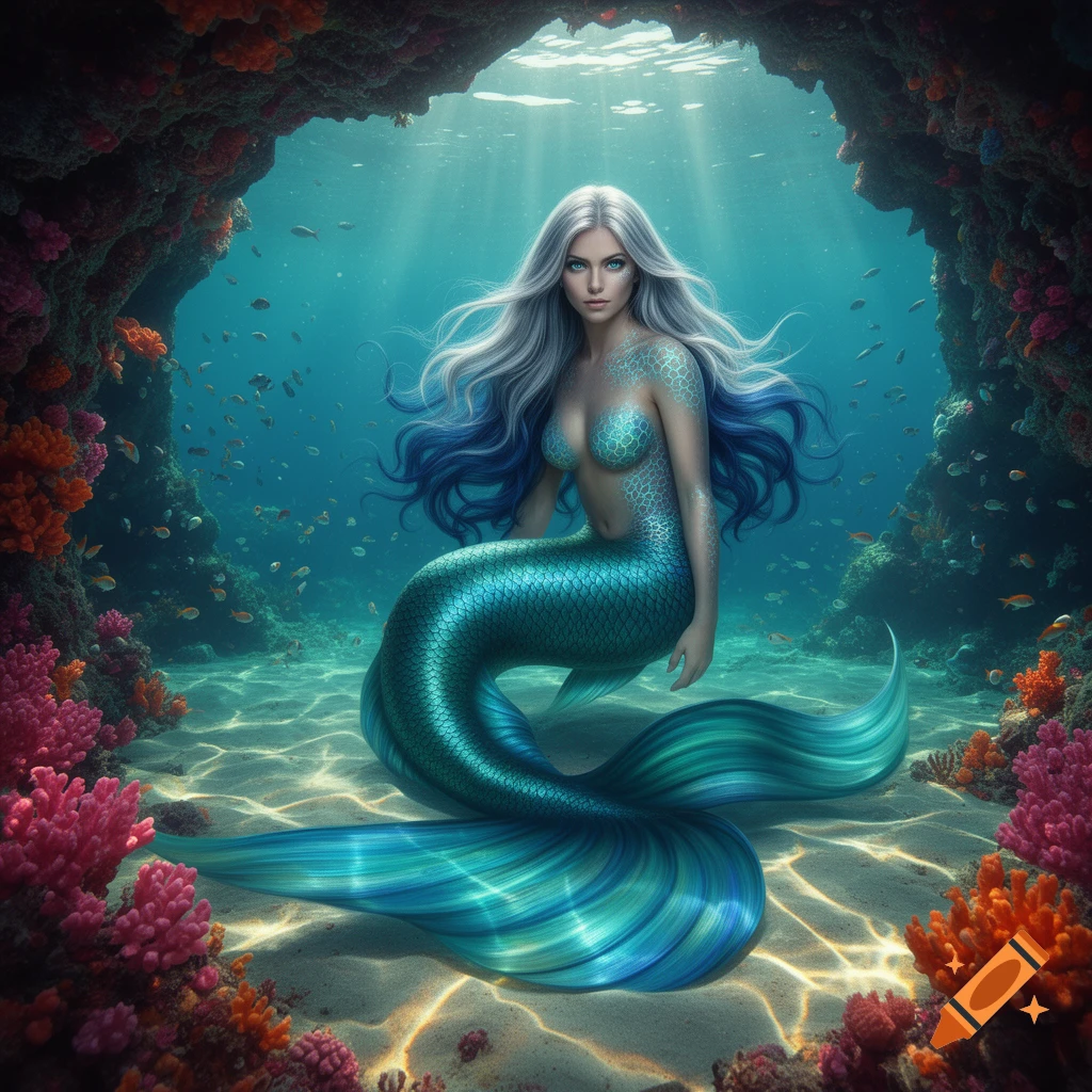A photorealistic mermaid with silver-blue hair and a teal scaled tail sits in an underwater coral cave with light rays.