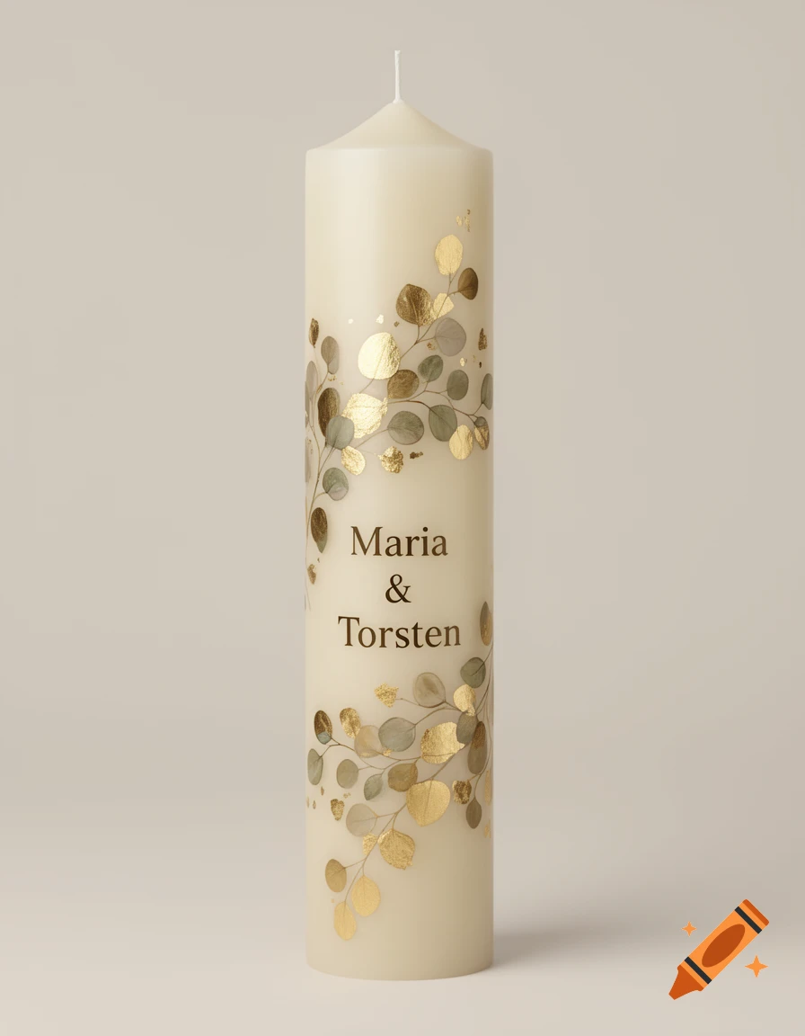 A tall, cream-colored wedding candle adorned with gold and green eucalyptus leaves, featuring the names 'Maria & Torsten'.